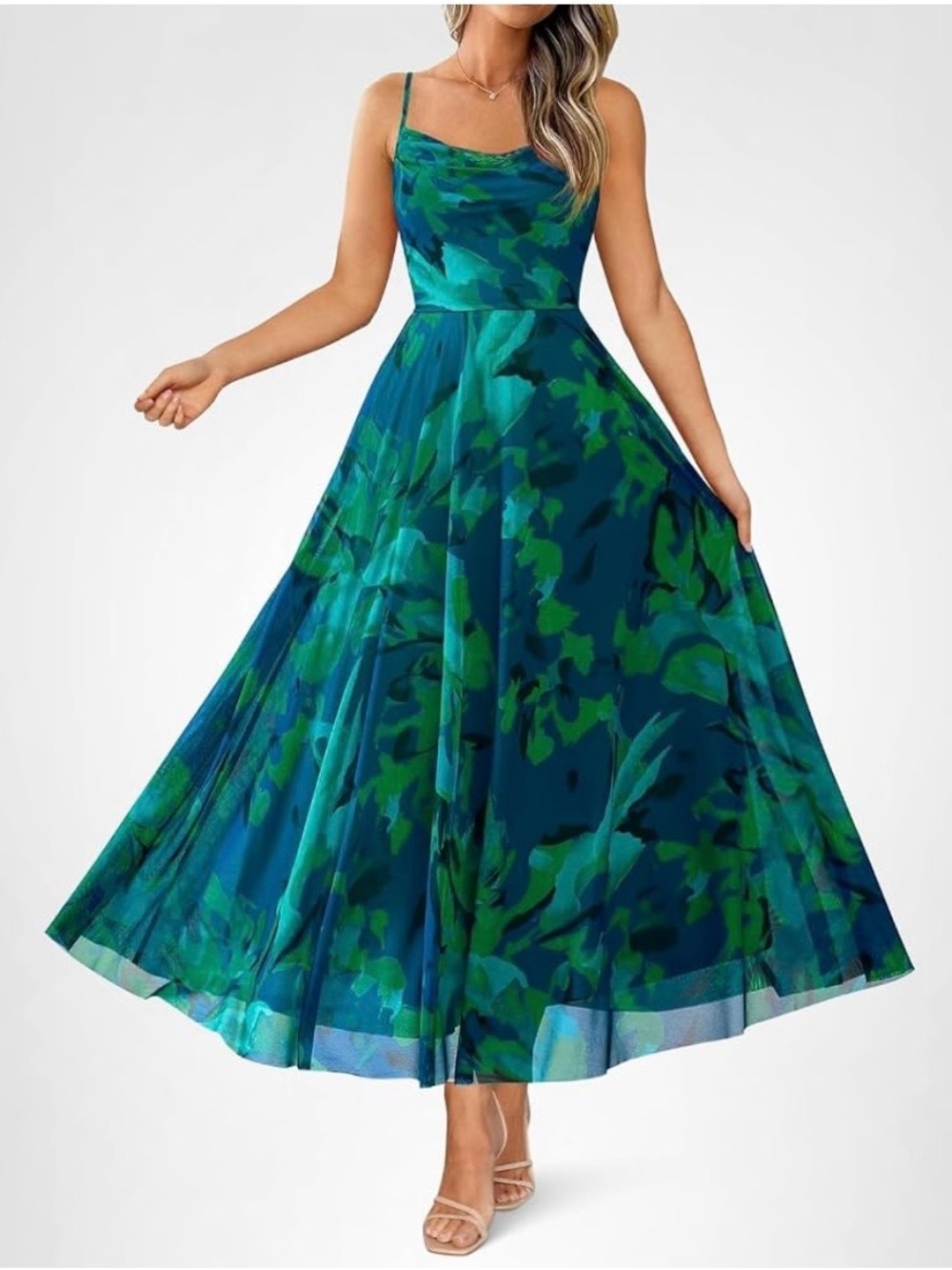 Amazon Green & Teal Floral Maxi Dress with Spaghetti Straps